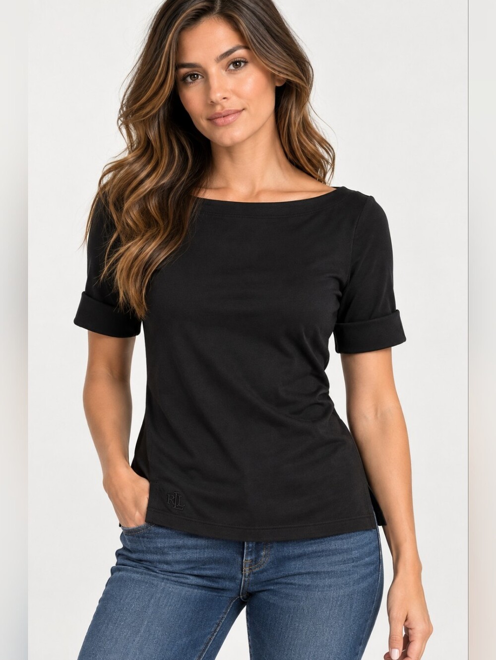 Ralph Lauren Black 100% Cotton Boat Neck Short Sleeve Top Women’s S/M